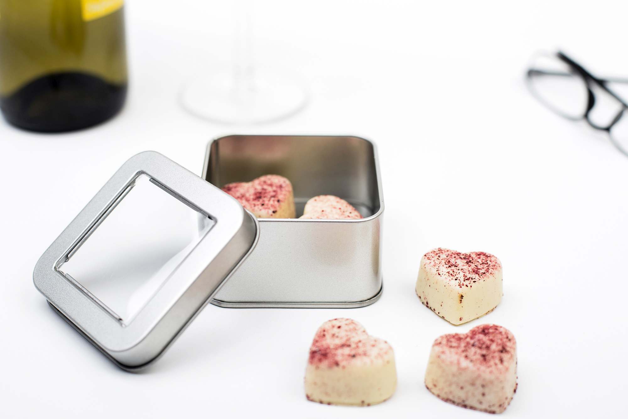 chocolate tin box with viewing window