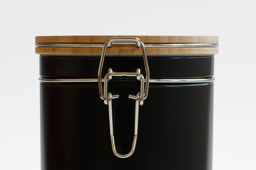 black storage tin with bamboo lid