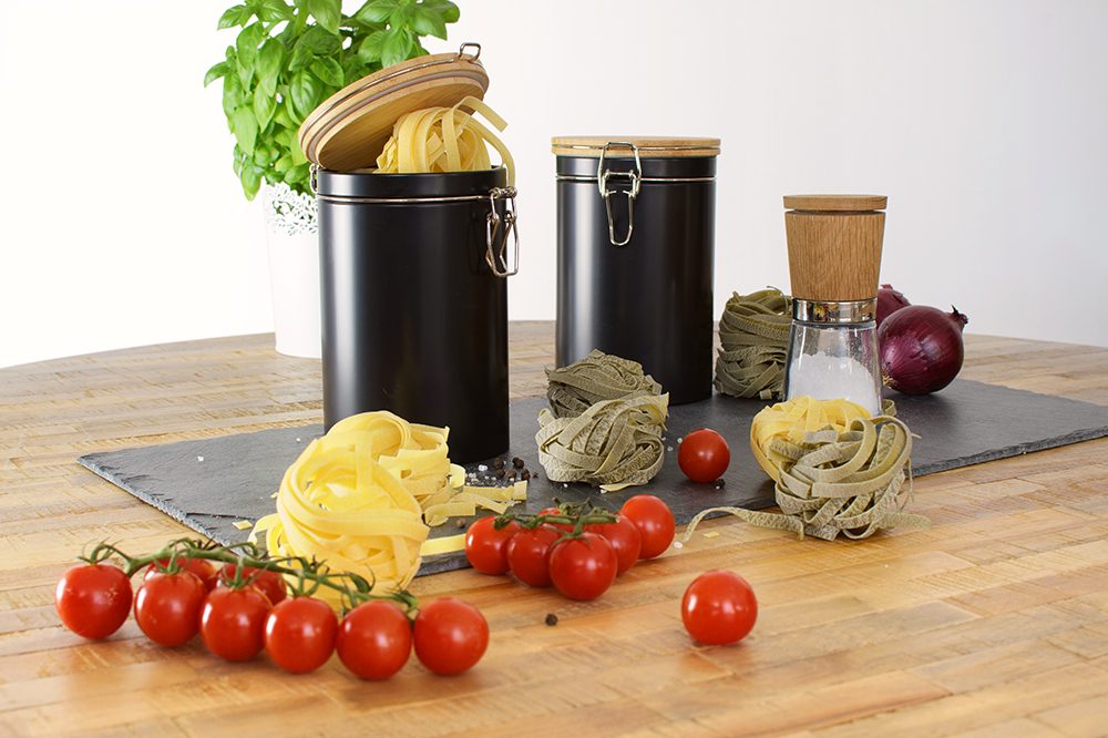 black storage tin with bamboo lid
