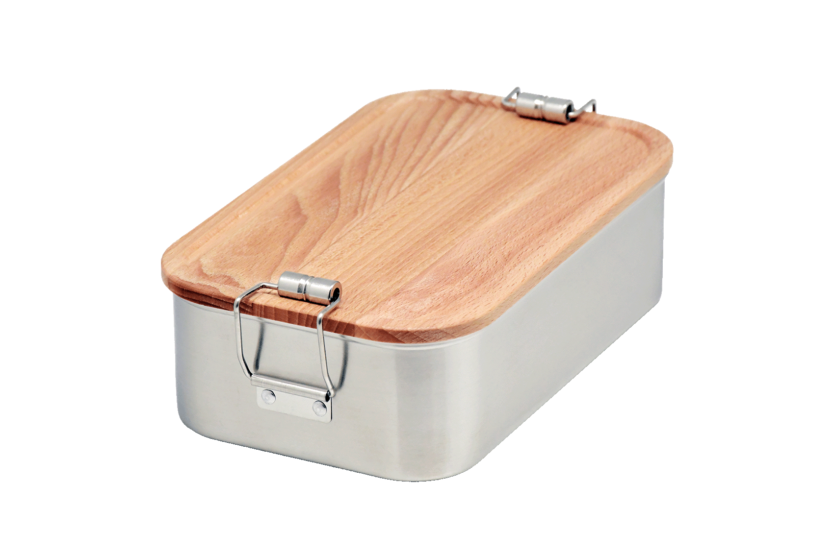 Edelstahl-Lunchbox mit Buchenholzdeckel und stabilem Verschluss, Brotdose für unterwegs.