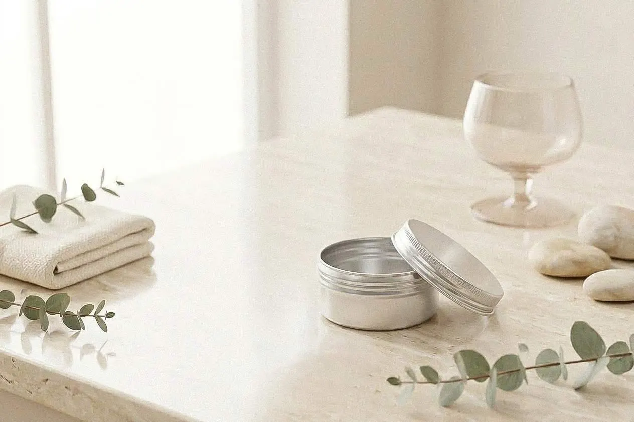 Offene runde Aluminiumdose mit abgenommenem Deckel auf einem hellen Tisch, dekoriert mit Eukalyptuszweigen, weißen Handtüchern, einem Weinglas und hellen Steinen.