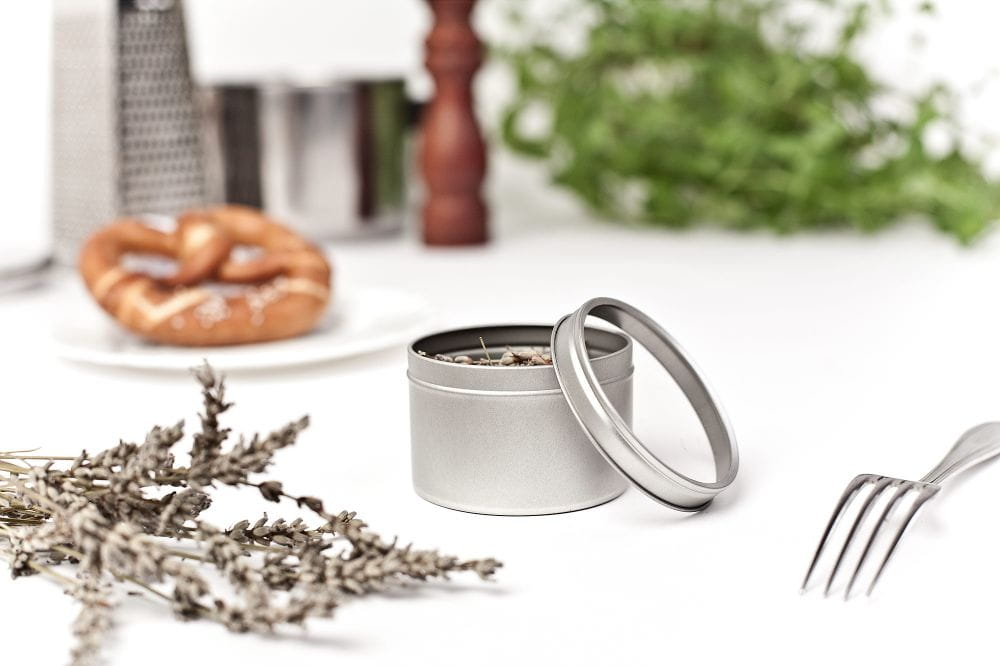 Round tin box for dried herbs