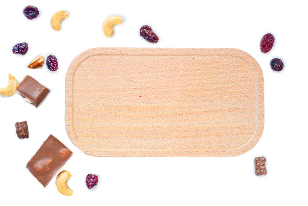 Top view Rectangular beech wood lid with dried fruit and nuts – sustainable replacement part for lunch box
